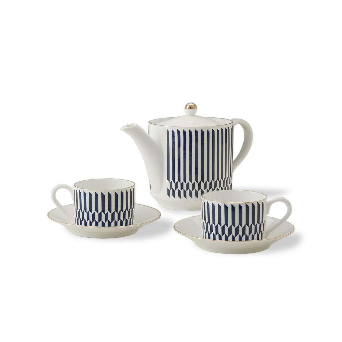 The Chelsea Collection Sloane Tea Set features a white porcelain teapot with a gold-tipped lid, accompanied by two matching teacups and saucers. Each piece is adorned with vertical navy blue stripes and finished with 22ct gold detailing. This elegant afternoon tea set, exemplifying British ceramic craftsmanship, is showcased against a plain white background.