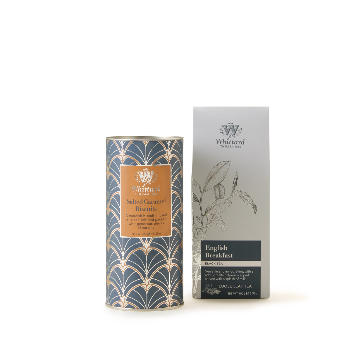 A tube of English Breakfast Loose Tea and Salted Caramel Biscuits, presented in elegant, minimalist packaging against a plain white background—ideal as a refined tea gift set for any occasion.