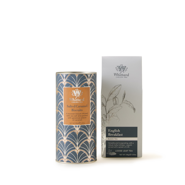 A tube of English Breakfast Loose Tea and Salted Caramel Biscuits, presented in elegant, minimalist packaging against a plain white background—ideal as a refined tea gift set for any occasion.