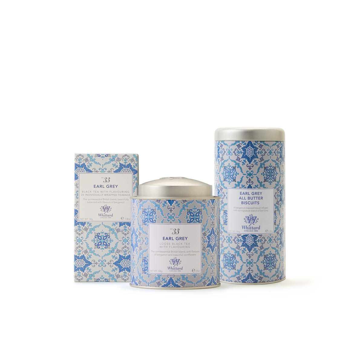 Three products from The Earl Grey Collection, each featuring light blue and white patterned packaging—a chocolate bar, a cylindrical tea tin, and a tall cylindrical biscuit tin—are displayed on a white background. Presented together as an elegant tea gift set, The Earl Grey Collection is ideal for savoring during afternoon tea or sharing with fellow Earl Grey enthusiasts.