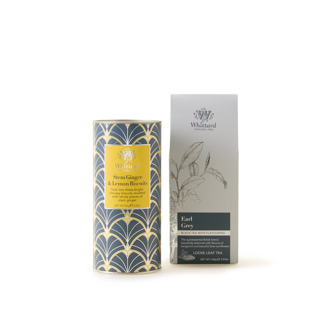 A cylindrical tin of Whittard Stem Ginger and Lemon Biscuits stands next to a box of Whittard Earl Grey Loose Tea, both arranged on a plain white background—the perfect pairing for a classic afternoon tea.