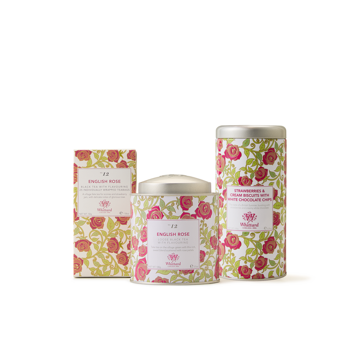 The English Rose Collection features three floral-designed tins and boxes adorned with pink and green rose patterns, perfect for a tea gift set, containing English Rose tea and Strawberries & Cream Biscuits with White Chocolate Chips.