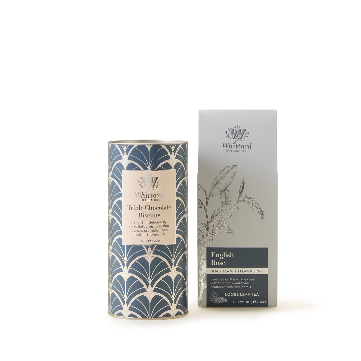 A tin of Whittard’s English Rose Loose Tea and Triple Chocolate Biscuits—beautifully presented in elegant, patterned packaging—are displayed side by side against a plain white background, making a perfect floral chocolate gift.