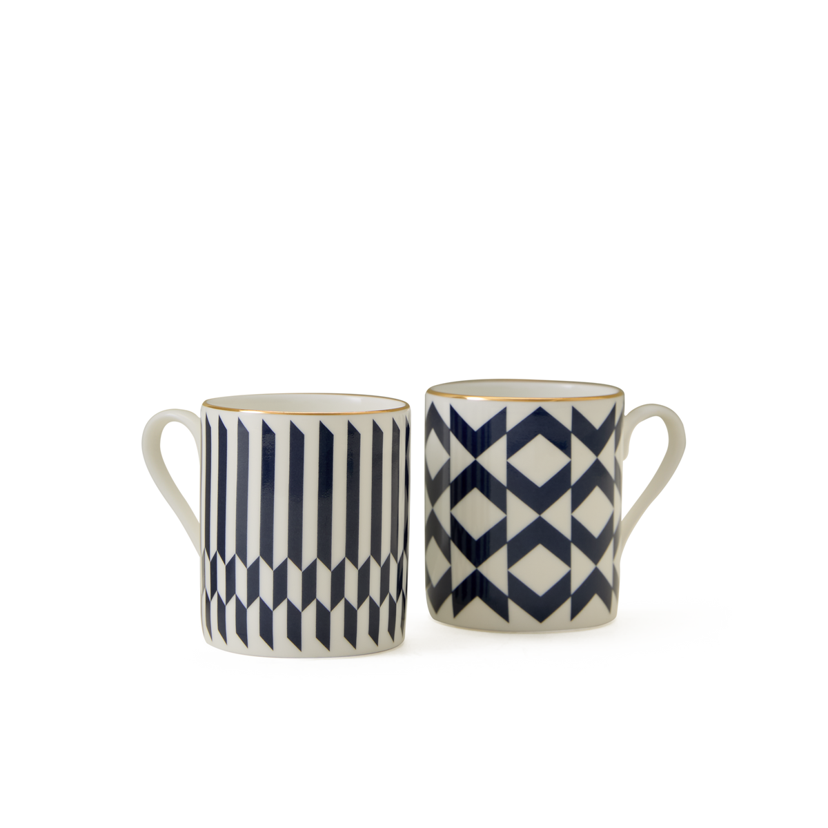 The Chelsea Collection Espresso Cup Duo features two ceramic mugs with handles, each showcasing modern geometric patterns in navy blue and white that exemplify exceptional British craftsmanship. The mug on the left displays striking vertical stripes and cube motifs, while the mug on the right is adorned with an elegant diamond and chevron design. Both pieces are finished with exquisite 22ct gold detailing, bringing a luxurious touch to your drinkware collection.