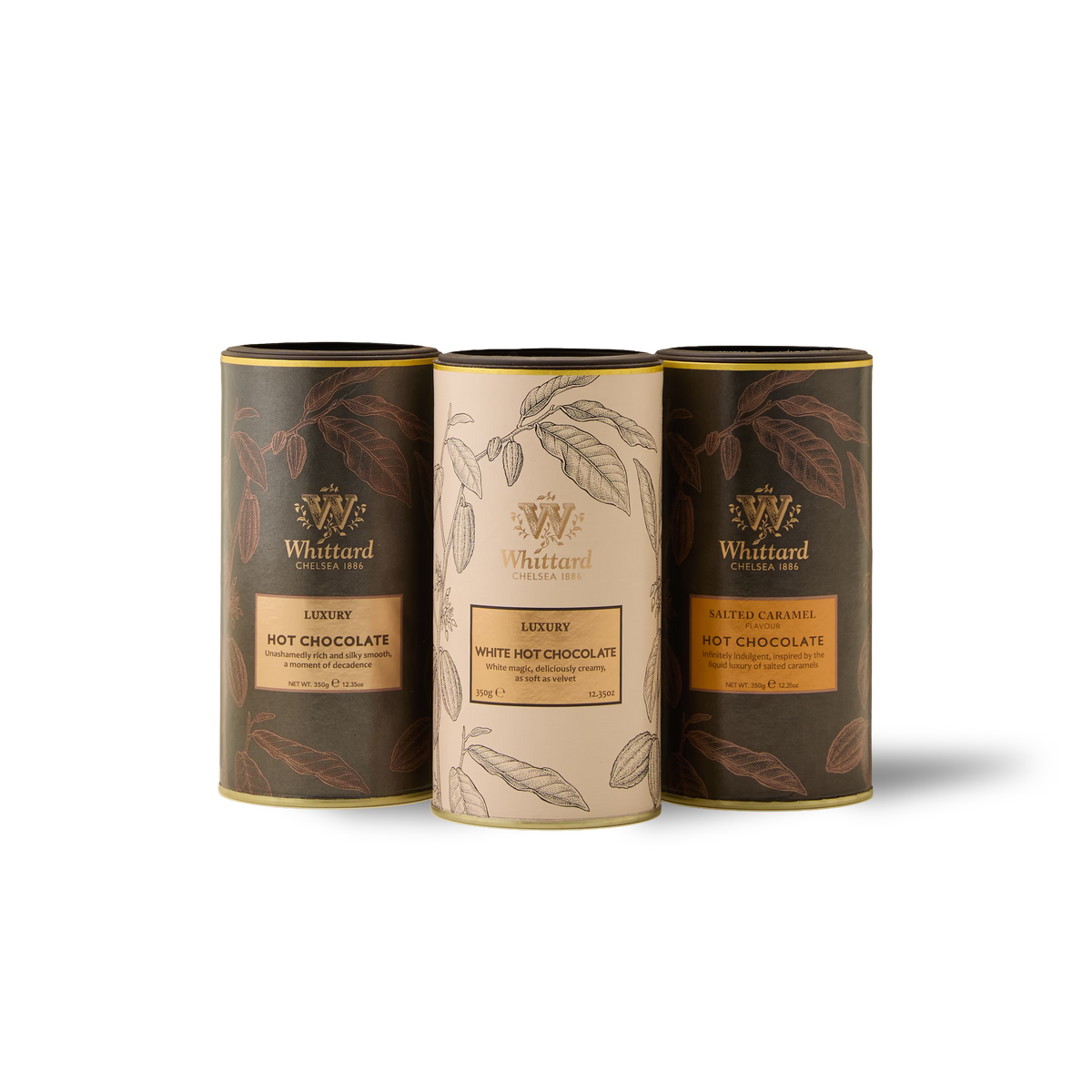 Three cylindrical Whittard hot chocolate tins—Luxury Hot Chocolate, White Hot Chocolate, and Salted Caramel Hot Chocolate—are arranged side by side on a white background, beautifully presenting The Hot Chocolate Classics Subscription as the perfect trio for an indulgent treat or a delightful addition to any hot chocolate routine.