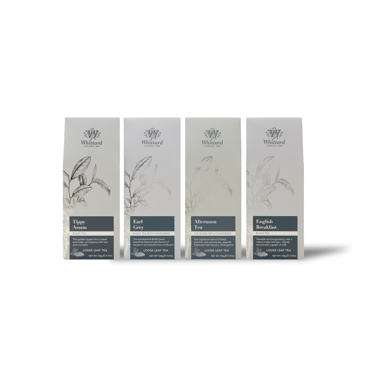Four Whittard tea packages—Tippy Assam, Earl Grey, Afternoon Tea, and English Breakfast—stand side by side on a white background. Each package features botanical illustrations and a minimalist gray and white design, making them the perfect choice for black tea lovers seeking the convenience of The Time for Tea Subscription.