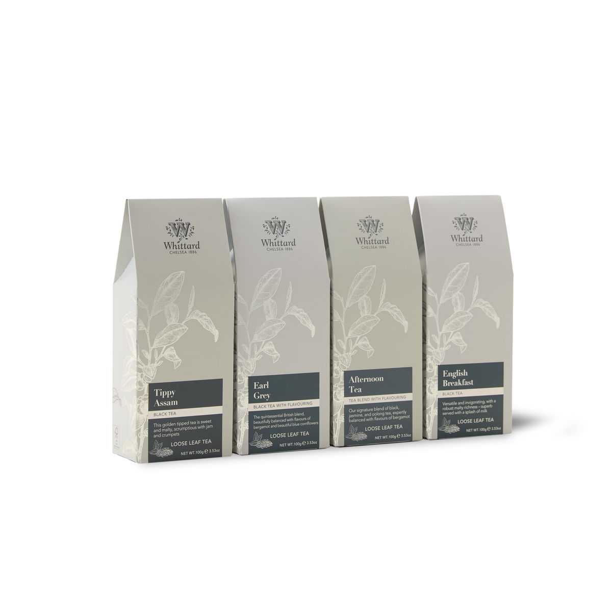 Four boxes of Whittard loose leaf tea—Tippy Assam, Earl Grey, Afternoon Tea, and English Breakfast—are beautifully arranged in light grey packaging with botanical illustrations and dark labels. Perfect for black tea enthusiasts or anyone seeking to elevate their teatime experience, The Time for Tea Subscription offers a delightful and convenient way to enjoy premium teas delivered right to your door.