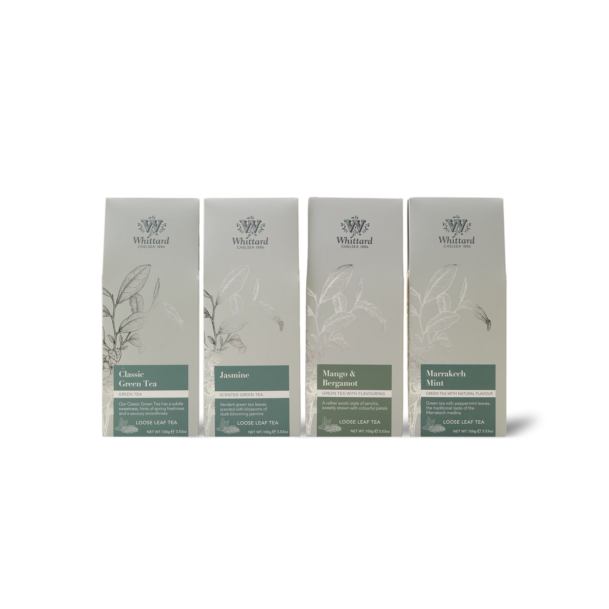 Four silver tea packages from Whittard’s The Green Tea Subscription—Classic Green Tea, Jasmine, Mango & Bergamot, and Marrakech Mint—are displayed side by side against a white background.