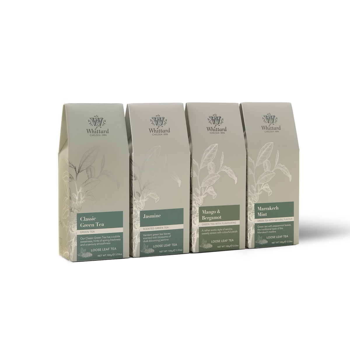 Four boxes from The Green Tea Subscription are lined up, featuring Classic Green Tea, Jasmine, Mango & Bergamot, and Marrakech Mint. Each box is beige and green with botanical illustrations.