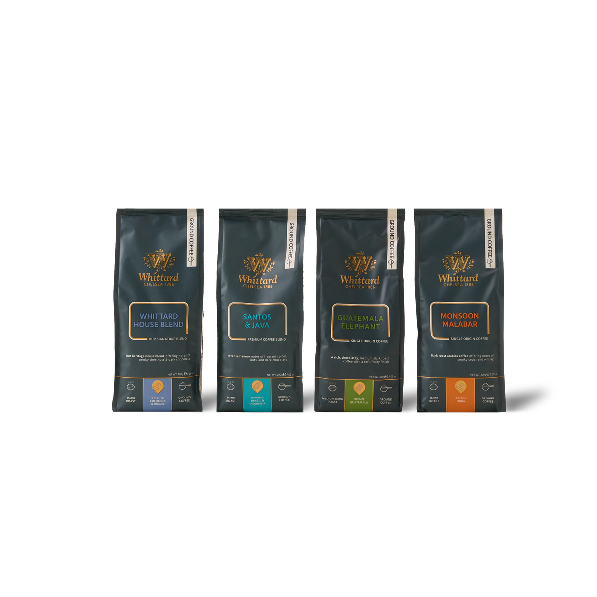 Four Whittard coffee bags stand side by side—House Blend, Santos & Java, Guatemala Elephant, and Monsoon Malabar—each with distinct colored labels on dark packaging set against a white background. These bold varieties form the heart of The Big, Bold Coffee Subscription, making it an ideal choice for adventurous coffee lovers or as a premium addition to your next subscription box.