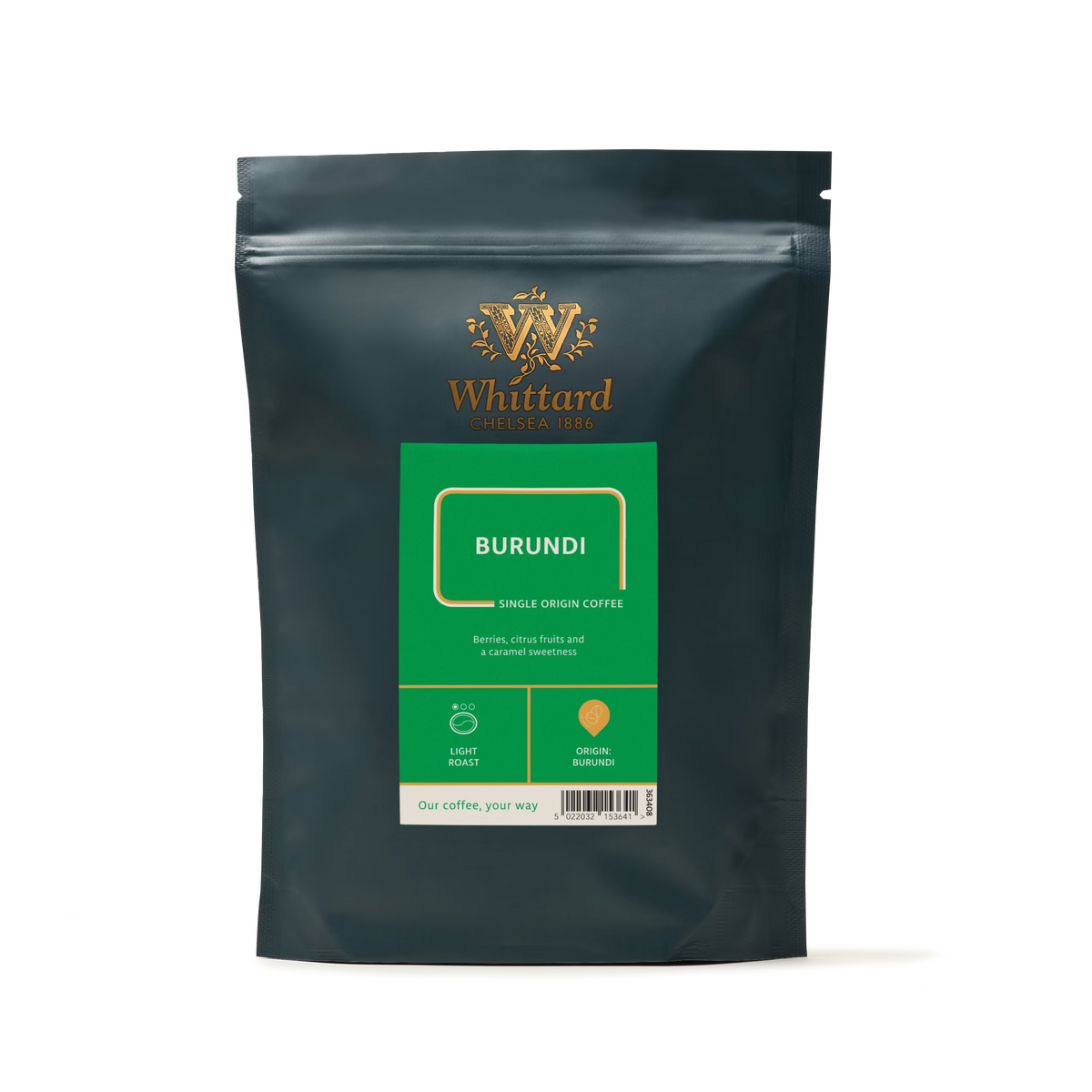 A black resealable coffee bag labeled “Burundi Coffee,” featuring tasting notes of berries, citrus fruits, and caramel sweetness, along with icons for light roast and quick aroma—a true celebration of East African coffee.