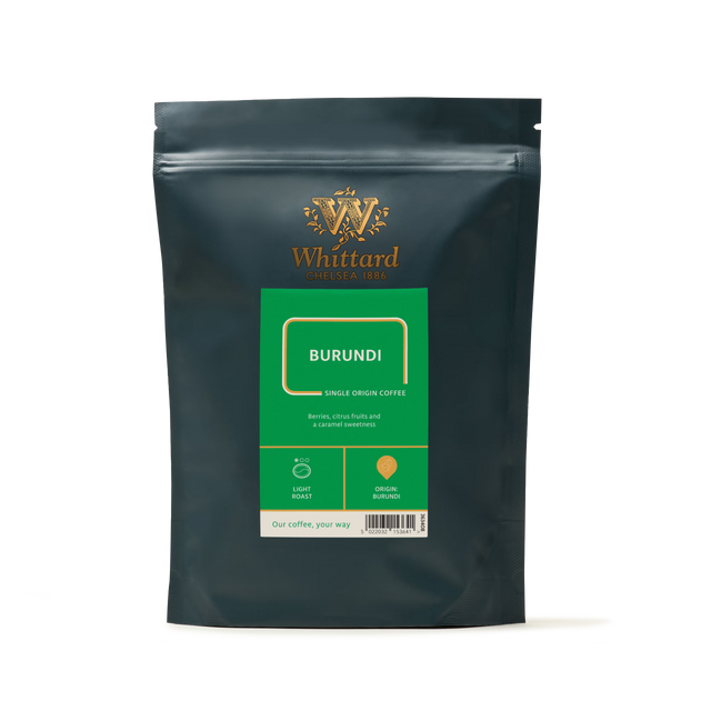 A black resealable coffee bag labeled “Burundi Coffee,” featuring tasting notes of berries, citrus fruits, and caramel sweetness, along with icons for light roast and quick aroma—a true celebration of East African coffee.