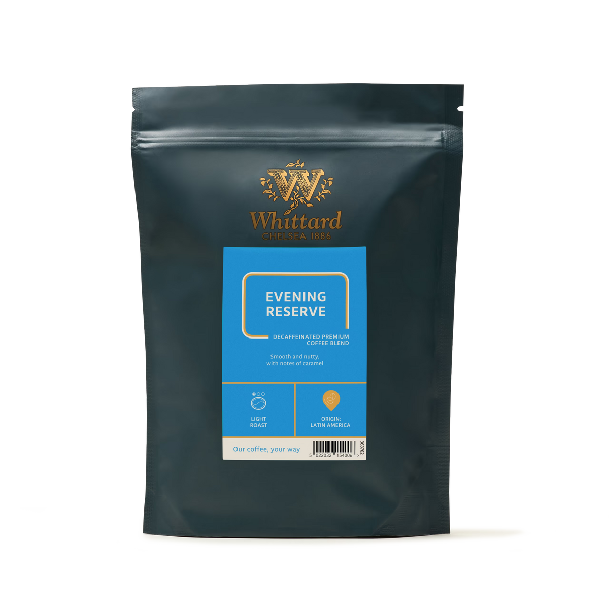 A dark green resealable bag of Evening Reserve Coffee from Whittard, ideal for enjoying in the evening, features a blue label indicating it is a light roast made from 100% Arabica beans sourced from Latin America. The Whittard logo is elegantly printed in gold at the top.