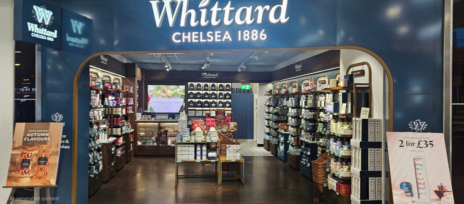A Whittard of Chelsea store displays shelves of tea, coffee, and related products. Promotional signs and autumn flavors are visible near the entrance, with a 2 for £35 deal sign on the right.