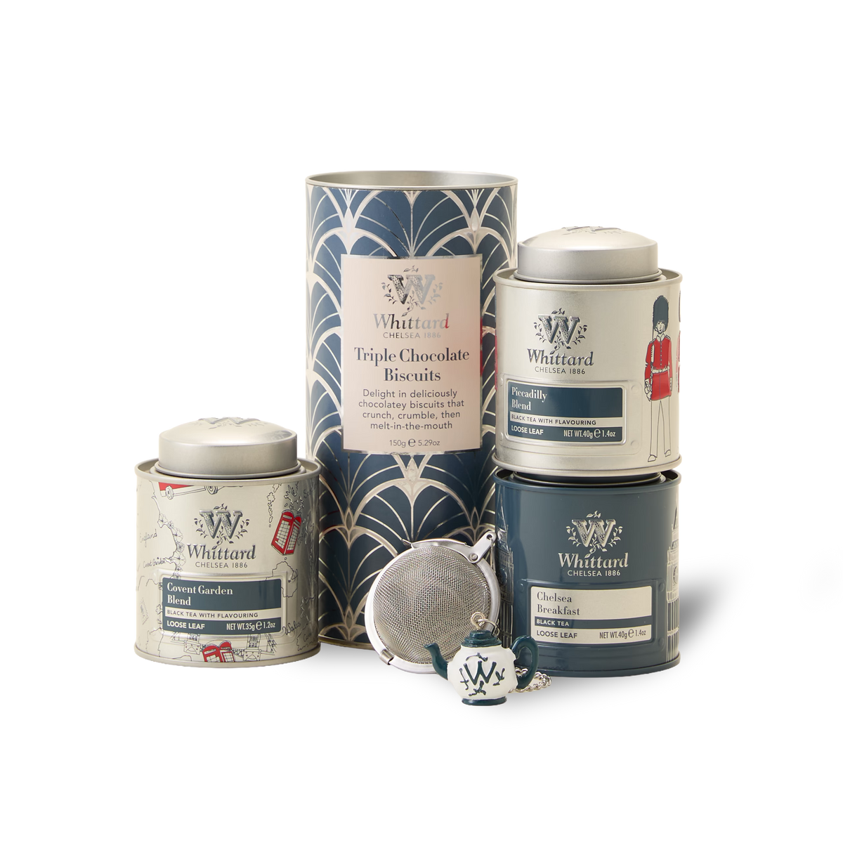 The Best of British Gift Box features five elegantly designed Whittard tea tins—each showcasing a different loose leaf blend from the London Tea collection—and a decorative tin of Triple Chocolate Biscuits, all arranged with an included tea infuser. With its beautiful patterned packaging and charming illustrations, this set makes a delightful British tea gift.