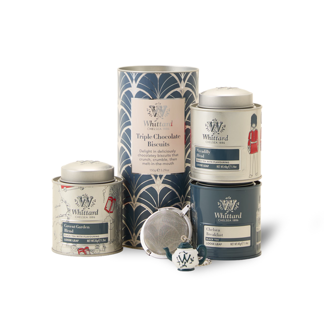 The Best of British Gift Box features five elegantly designed Whittard tea tins—each showcasing a different loose leaf blend from the London Tea collection—and a decorative tin of Triple Chocolate Biscuits, all arranged with an included tea infuser. With its beautiful patterned packaging and charming illustrations, this set makes a delightful British tea gift.