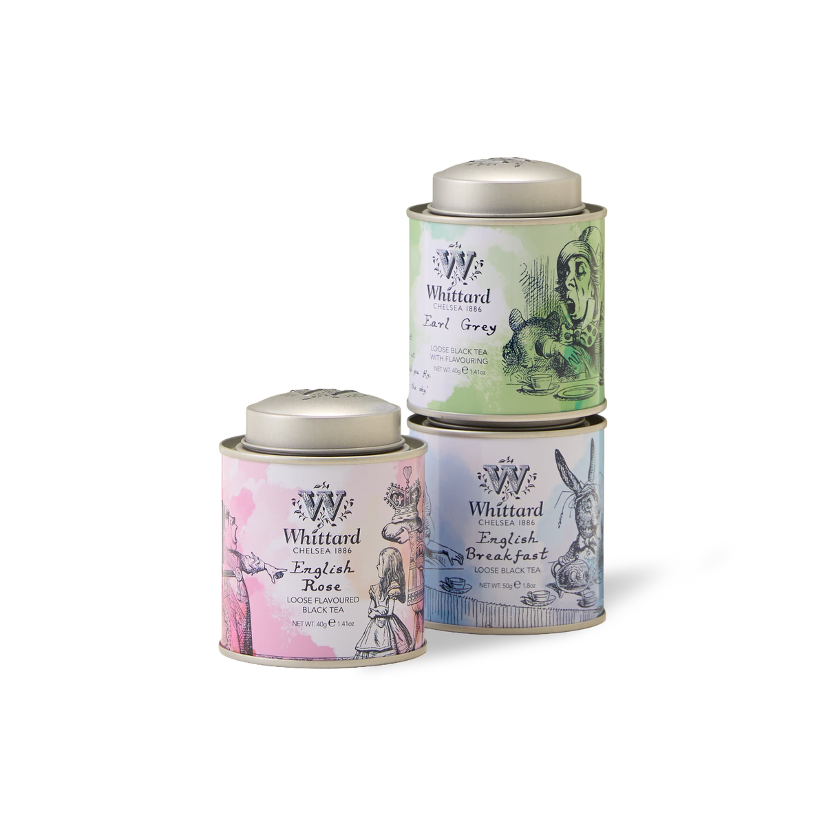 The Alice In Wonderland Mini Caddy Gift Box features three cylindrical Whittard tea tins—adorned with pastel illustrations and labels for English Rose, Earl Grey, and English Breakfast loose leaf black teas—making it a charming gift box that’s perfect for any Alice in Wonderland-themed tea party.