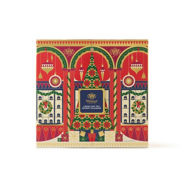 A rectangular Loose Leaf Tea Advent Calendar For Two, decorated with an illustrated Christmas tree, hanging ornaments, and a festive red and gold archway containing various flavoured blends.