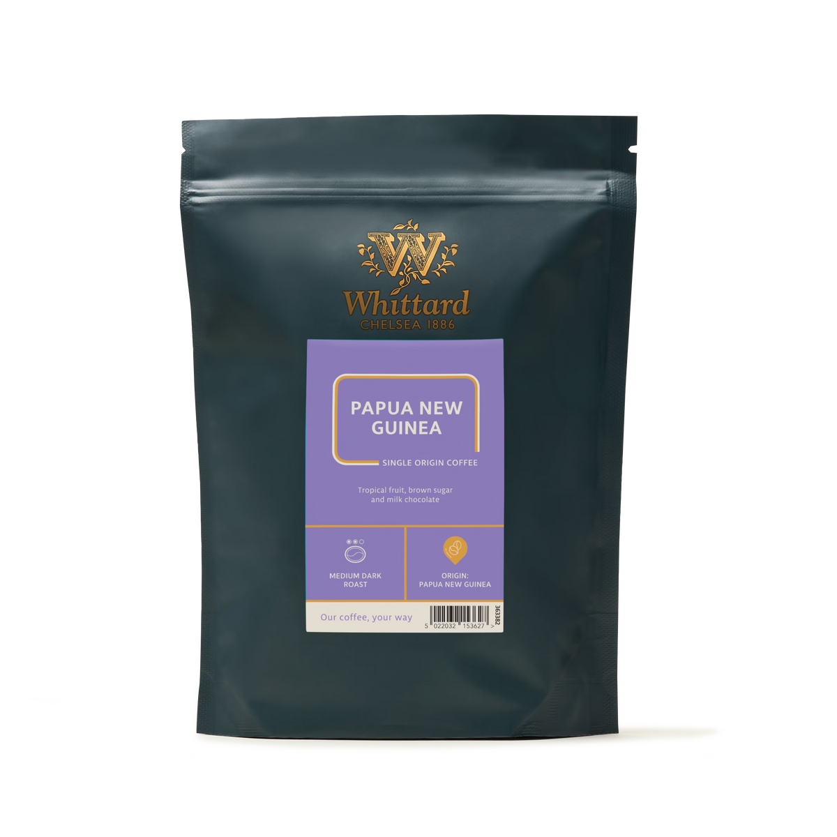 A black coffee bag labeled Whittard, featuring Papua New Guinea Coffee sourced from smallholder farmers, with notes of brown sugar and milk chocolate, and icons for medium-dark roast and ground coffee.