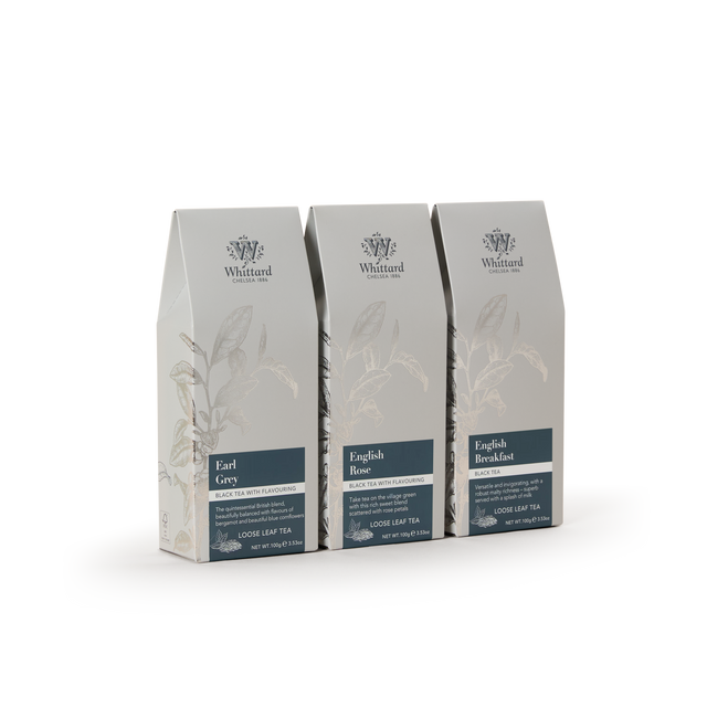 Best Selling Loose Leaf Tea Selection featuring three vertical boxes of Earl Grey, English Rose, and English Breakfast loose leaf tea.