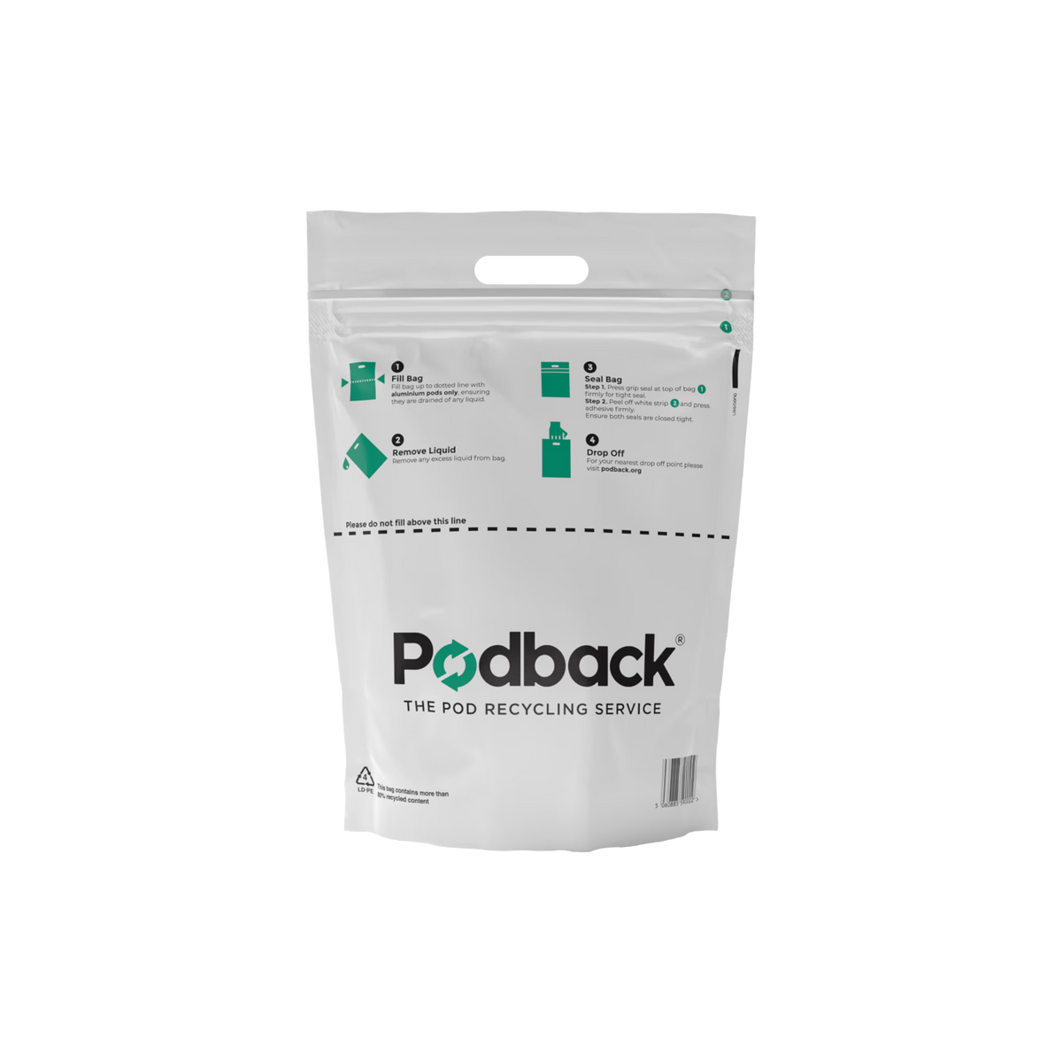 A white Coffee Pod Recycling Bag with green and black text displays illustrated instructions for recycling coffee pods above the Podback logo. The bag features a handle at the top, a barcode at the bottom, and is specially designed for easily collecting aluminium coffee pods.