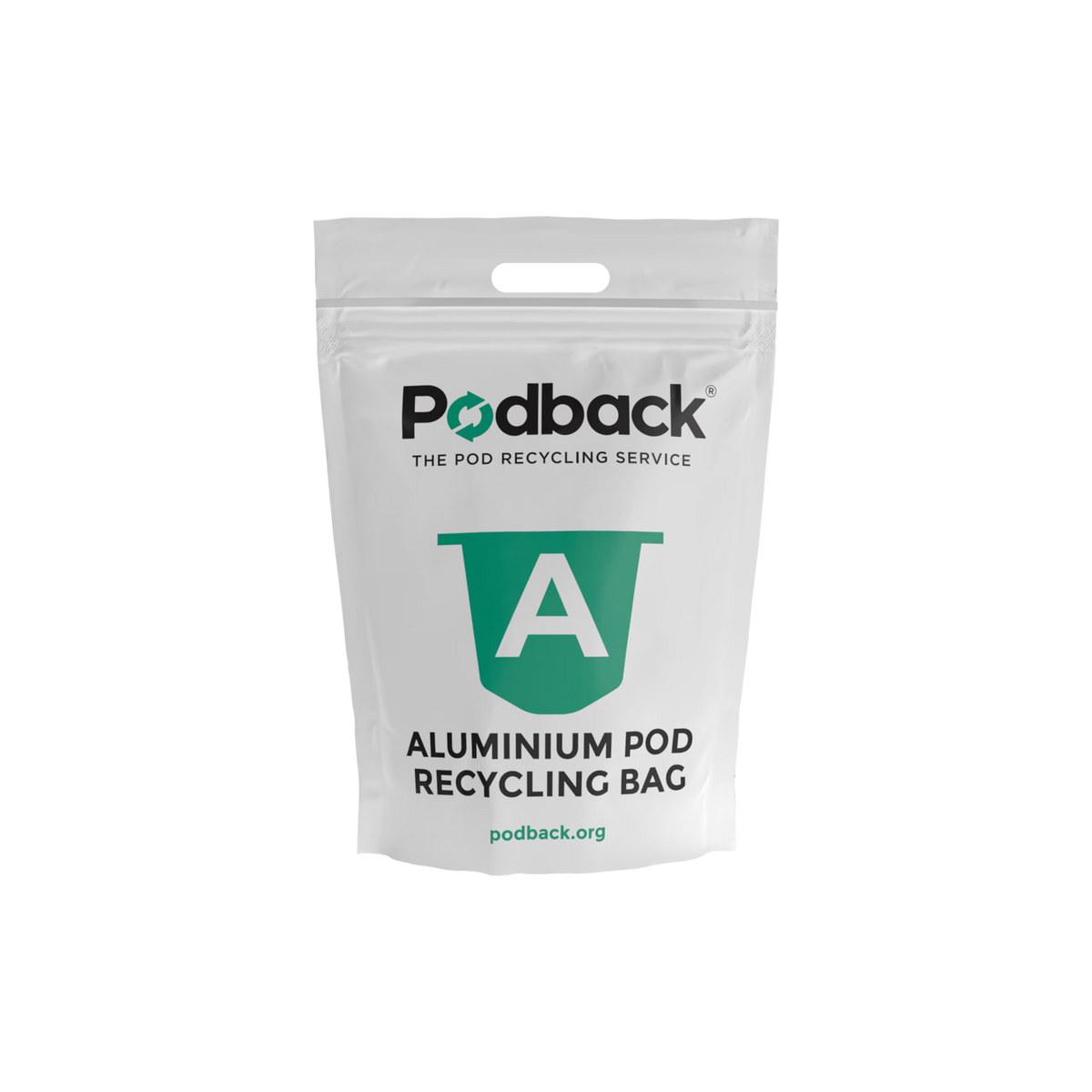 A Coffee Pod Recycling Bag designed for pod recycling, featuring a green letter “A” and the text “ALUMINIUM POD RECYCLING BAG” on the front—perfect for collecting used aluminium coffee pods.