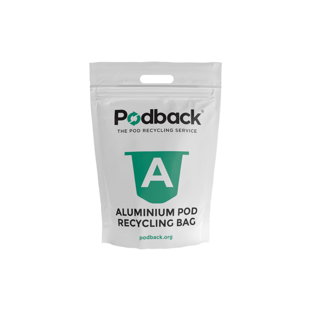 A Coffee Pod Recycling Bag designed for pod recycling, featuring a green letter “A” and the text “ALUMINIUM POD RECYCLING BAG” on the front—perfect for collecting used aluminium coffee pods.