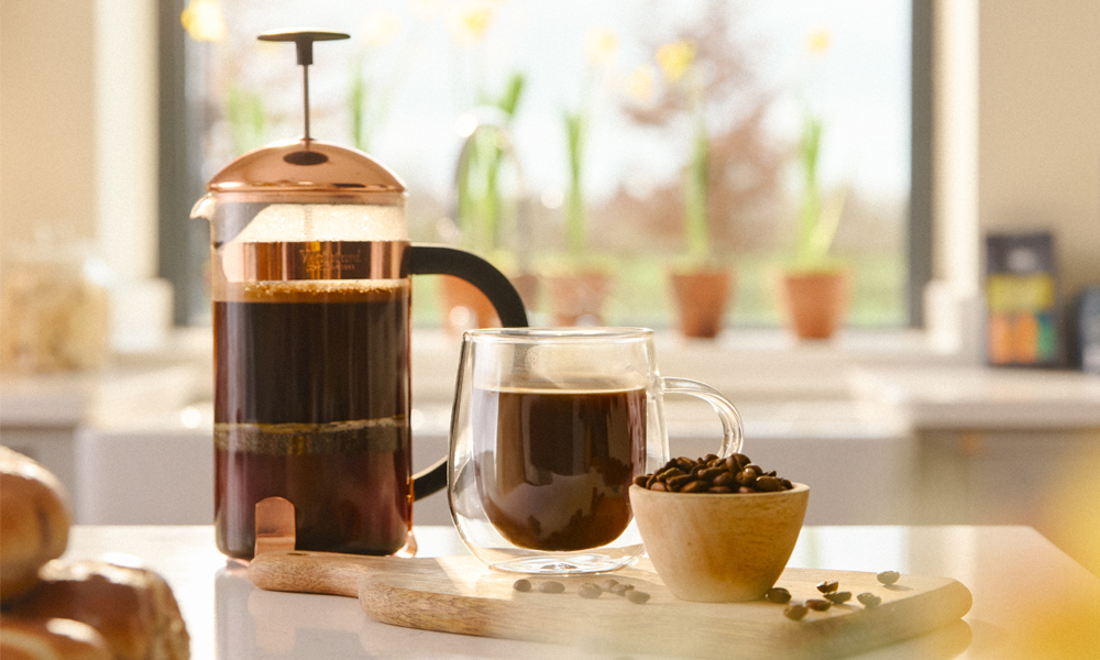 Cafetiere, Nova Mug and Coffee Beans In A Kitchen