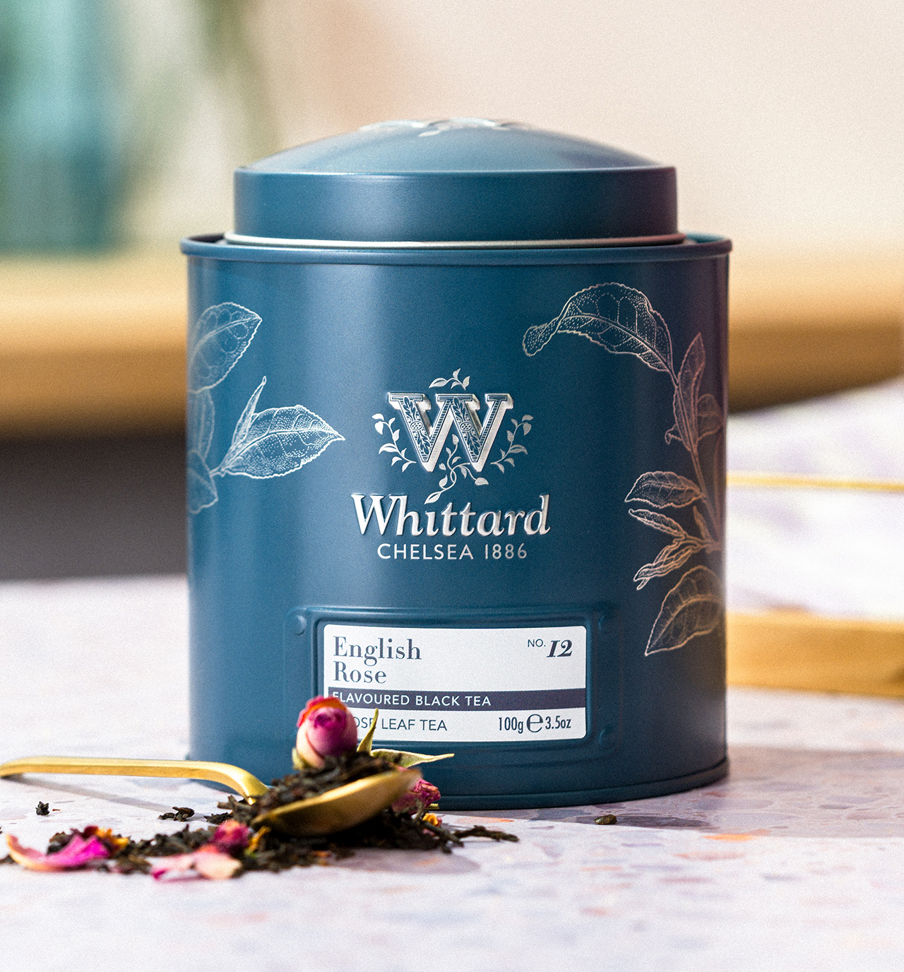 Whittard of Chelsea Blue Tea Caddy Filled with English Rose Loose Leaf Tea